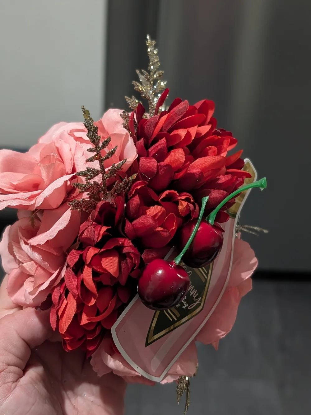 Cherry Accent Floral Hair Clip - Pink and Red